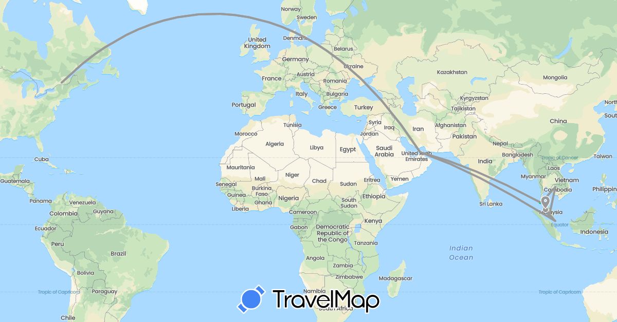 TravelMap itinerary: bus, plane, boat in United Arab Emirates, Canada, Cambodia, Malaysia, Singapore, Thailand (Asia, North America)